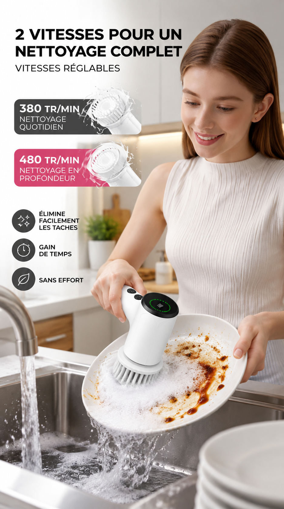 Brosse de douche électrique rotative sans fil avec 6 têtes de brosse